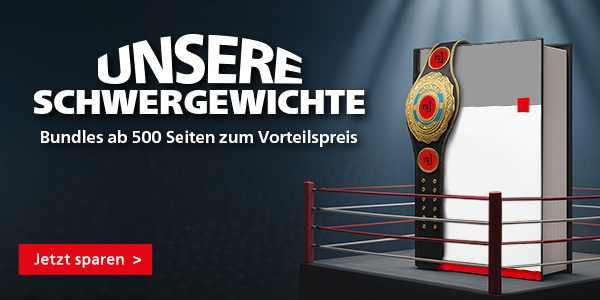Werbebanner "Unsere Schwergewichte" mit Boxring und Text "Bundles ab 500 Seiten zum Vorteilspreis"