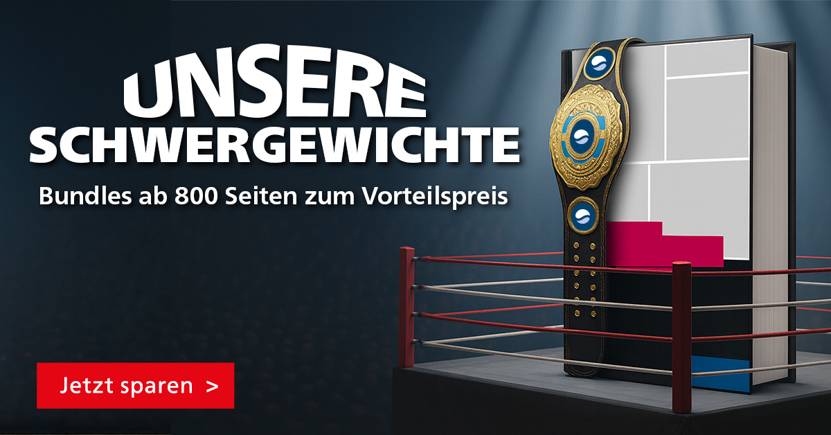 Boxring mit Championsgürtel und Bücherstapel, Text: Unsere Schwergewichte – Bundles ab 800 Seiten, Link zum Rheinwerk-Shop.