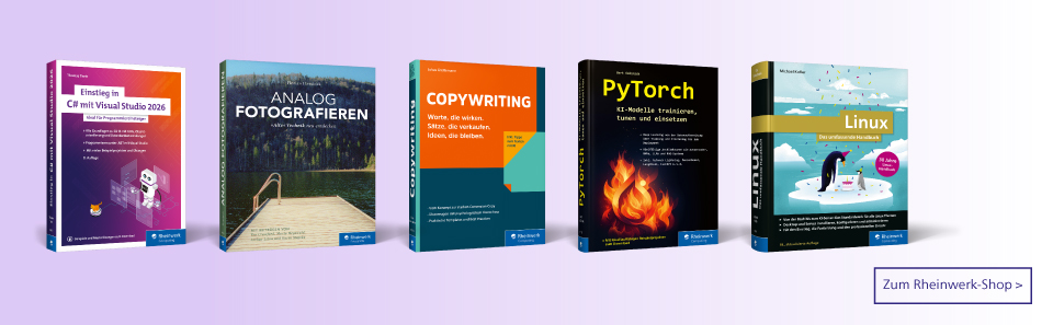 Aktionsgrafik: Buchauswahl vom Rheinwerkverlag. Verlinkung auf den Rheinwerk-Shop.